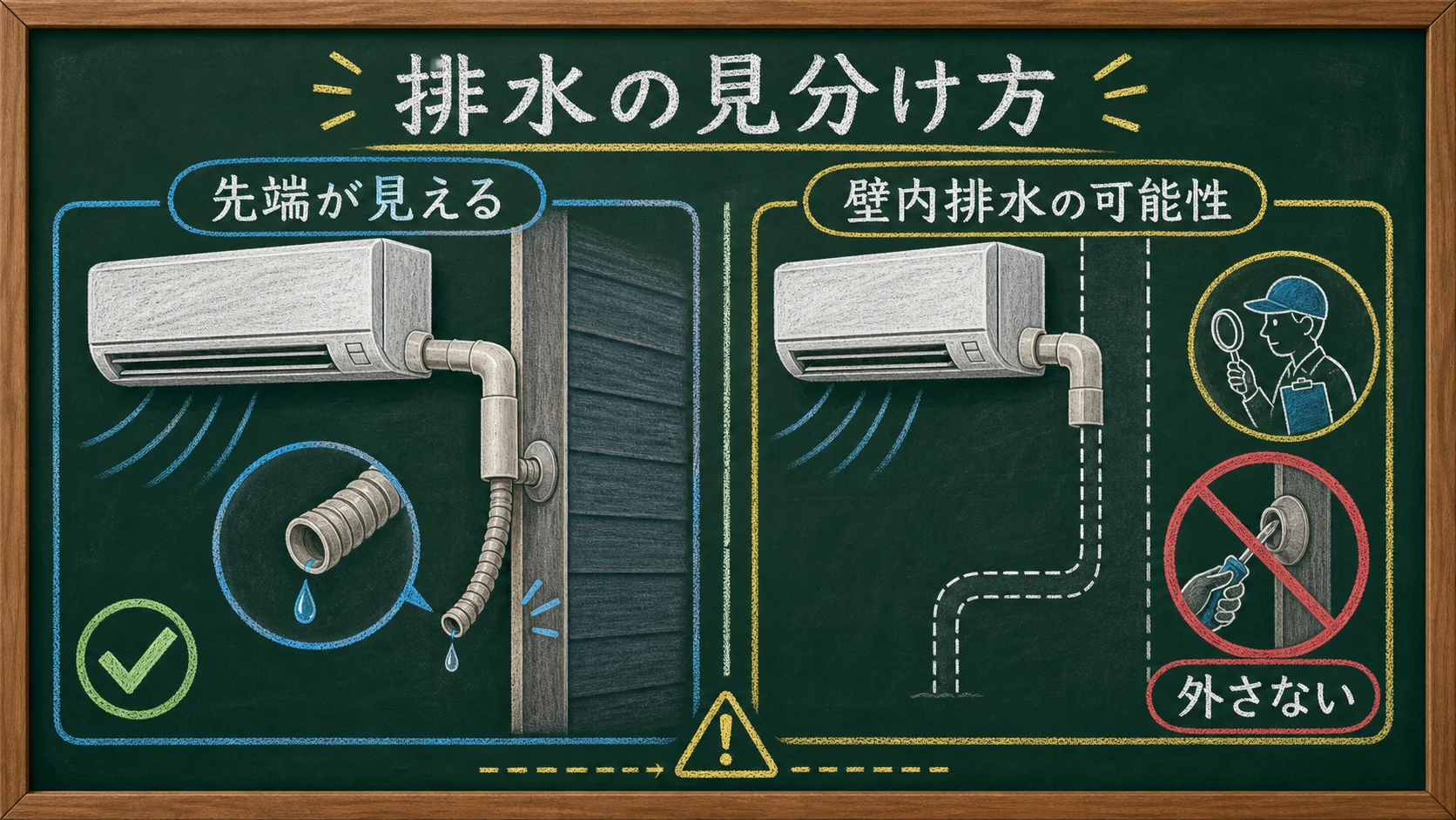 屋外に排水ホース先端が見える場合と、壁内排水の可能性がある場合を比較し、配管を外さないことを示す板書図解