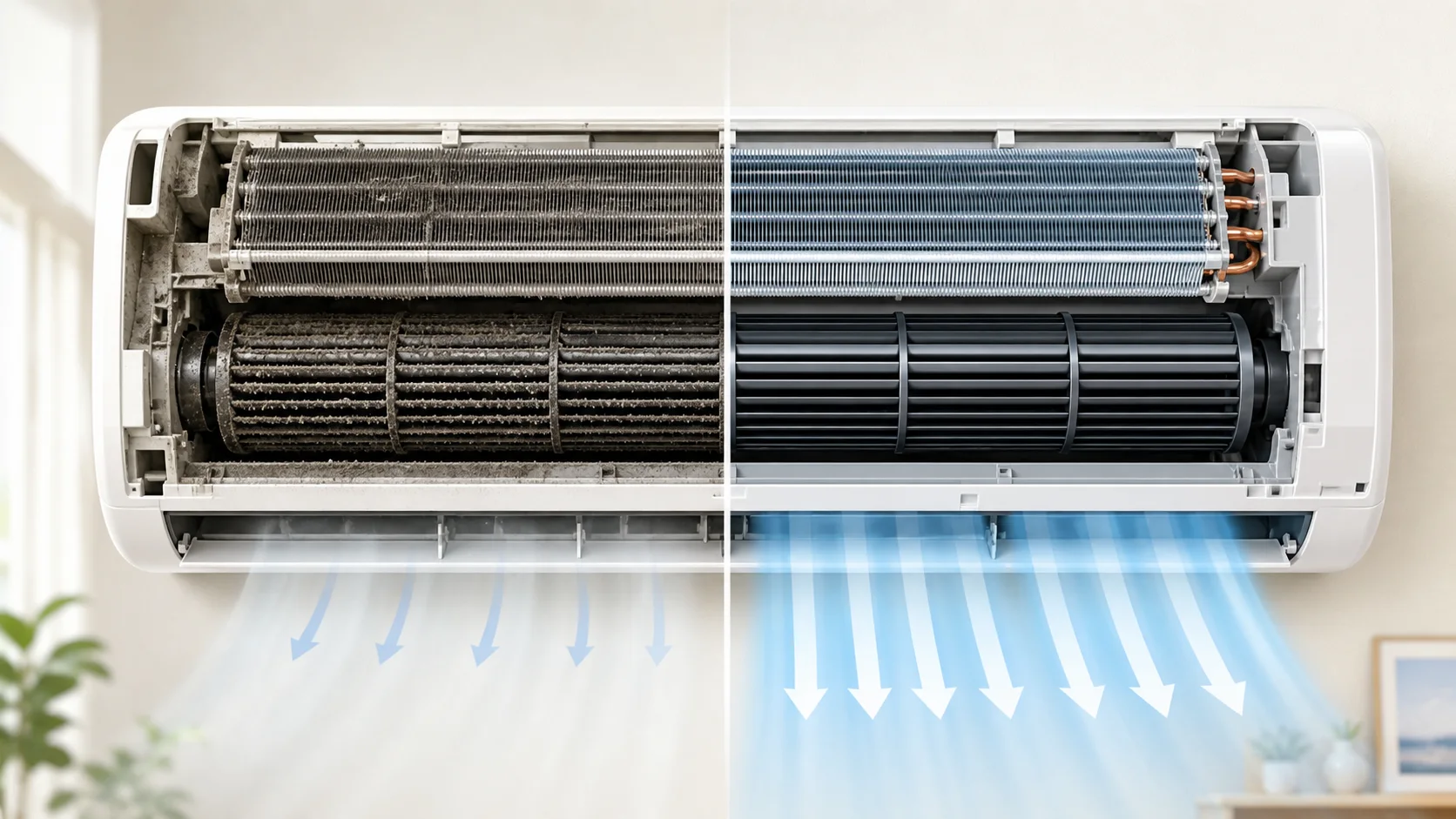 汚れた送風ファンでは風量が弱く、清潔な送風ファンでは風が強く出る比較図