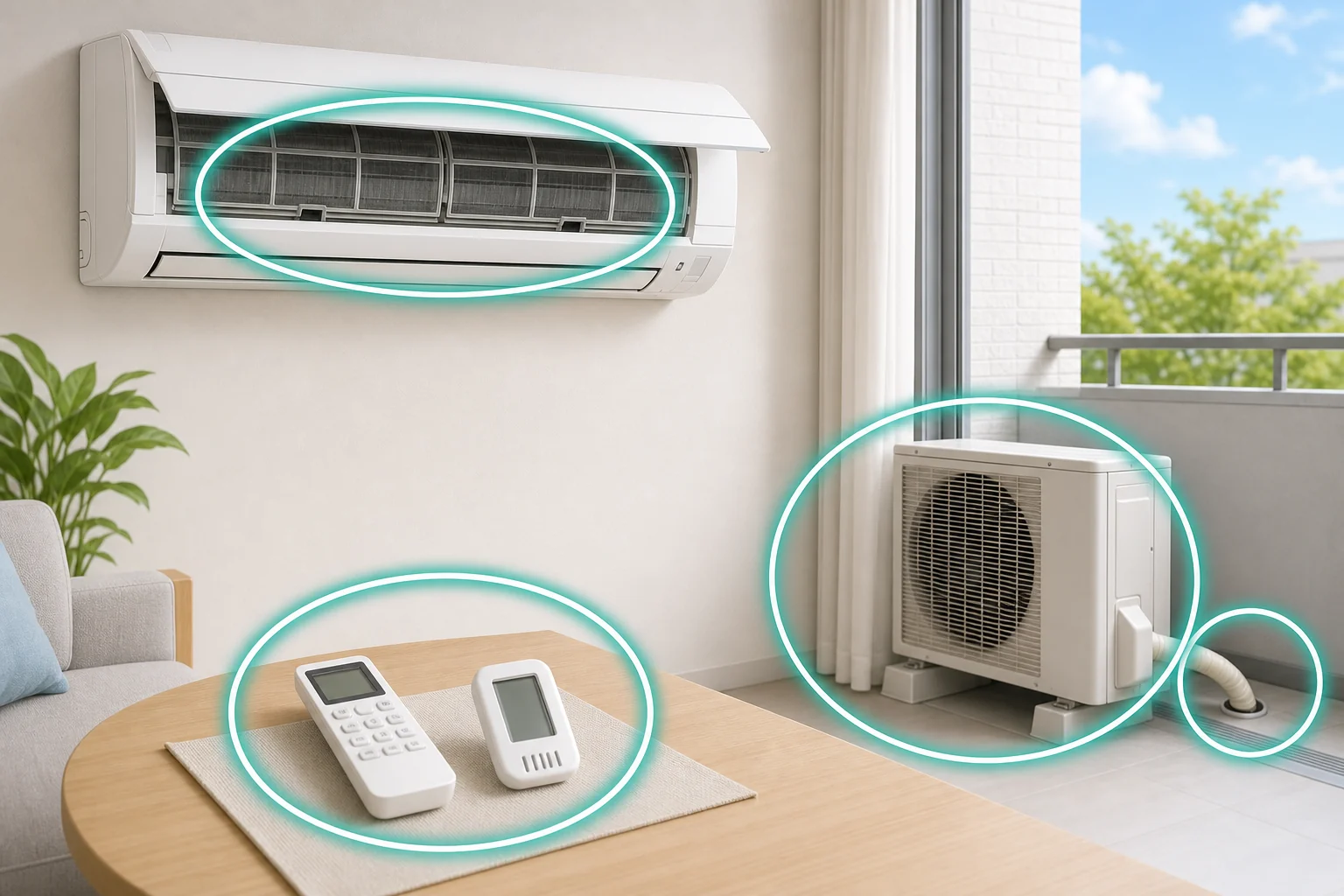 フィルター、リモコン、室外機、ドレンホース先端の安全確認範囲