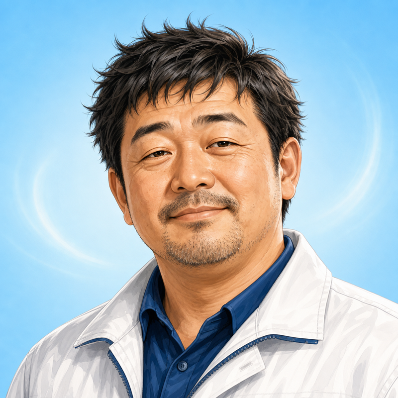 空調服ファン付きの白衣を着たエアコン修理技師の風見先生の顔