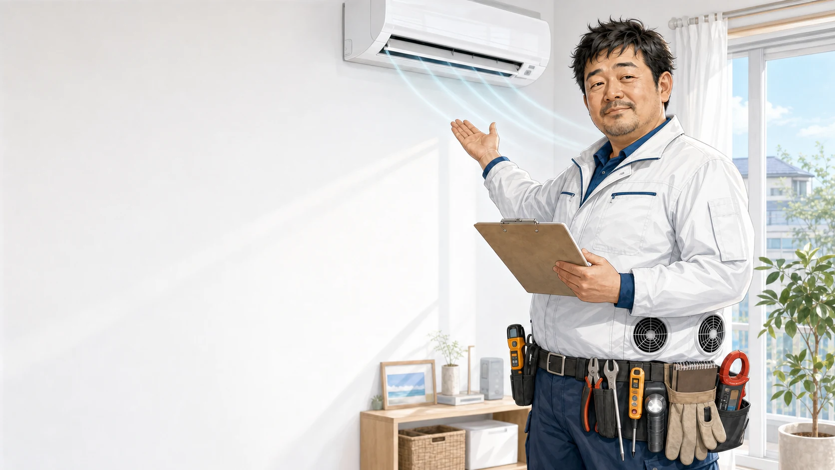 空調服ファン付きの白衣と腰道具を身に着け、明るい室内のエアコンを案内する修理技師の風見先生